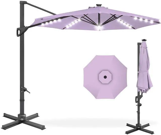 Main image of 10ft Solar LED Cantilever Patio Umbrella, 360-Degree Rotation Hanging Offset Market Outdoor Sun Shade for Backyard, Deck, Poolside w/Lights, Easy Tilt, Cross Base - Lavender
