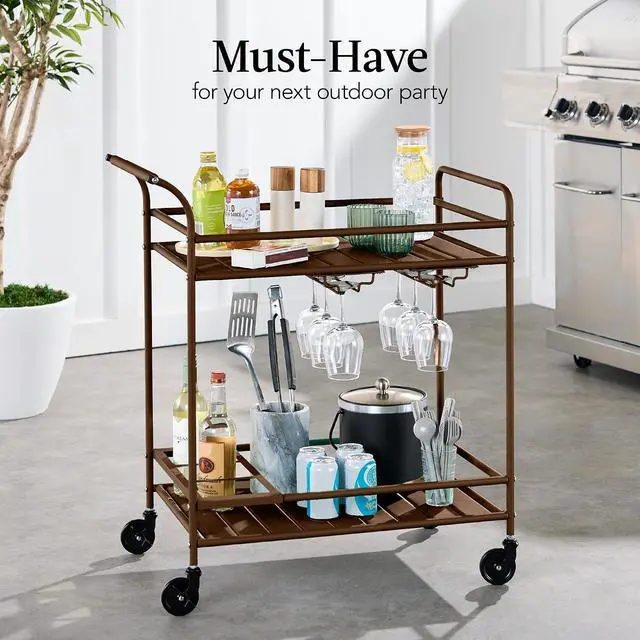 Alt view image 3 of 7 - Rolling Bar Cart, Mobile Home Bar Serving Cart, Serving Station w/ 2 Tier Shelves, Wine Rack, Lockable Wheels - Brown