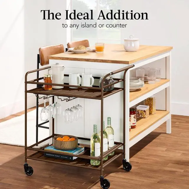 Alt view image 6 of 7 - Rolling Bar Cart, Mobile Home Bar Serving Cart, Serving Station w/ 2 Tier Shelves, Wine Rack, Lockable Wheels - Brown