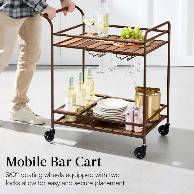 Alt view image 5 of 7 - Rolling Bar Cart, Mobile Home Bar Serving Cart, Serving Station w/ 2 Tier Shelves, Wine Rack, Lockable Wheels - Brown