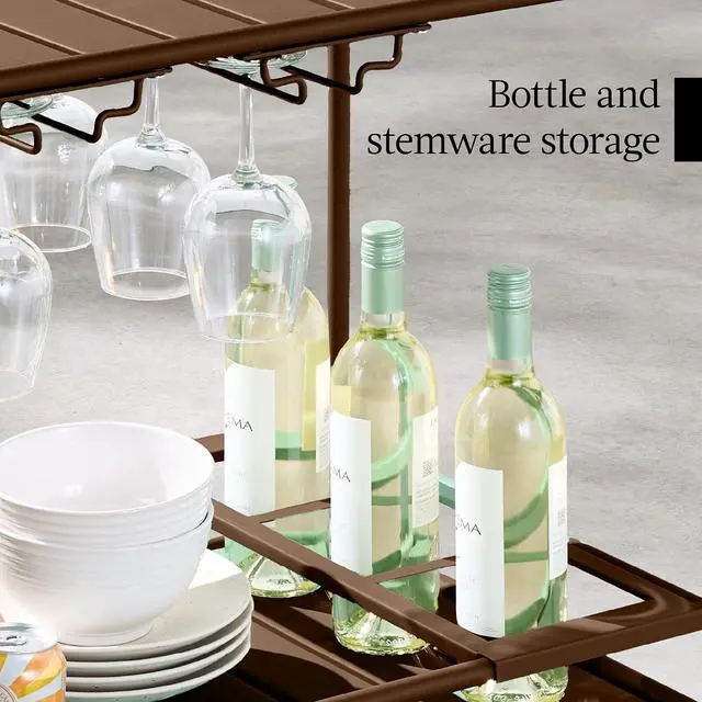 Alt view image 7 of 7 - Rolling Bar Cart, Mobile Home Bar Serving Cart, Serving Station w/ 2 Tier Shelves, Wine Rack, Lockable Wheels - Brown
