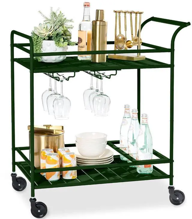Main image of Rolling Bar Cart, Mobile Home Bar Serving Cart, Serving Station w/ 2 Tier Shelves, Wine Rack, Lockable Wheels - Deep Green