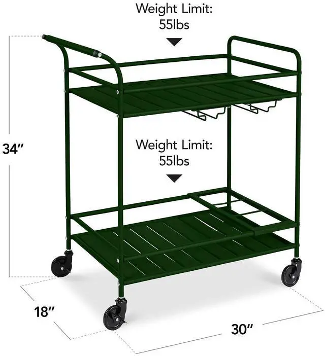Alt view image 2 of 7 - Rolling Bar Cart, Mobile Home Bar Serving Cart, Serving Station w/ 2 Tier Shelves, Wine Rack, Lockable Wheels - Deep Green