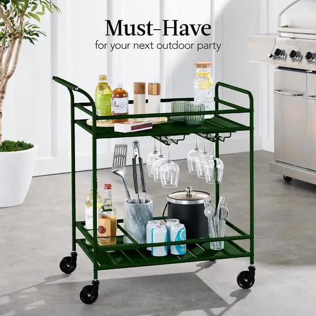 Alt view image 3 of 7 - Rolling Bar Cart, Mobile Home Bar Serving Cart, Serving Station w/ 2 Tier Shelves, Wine Rack, Lockable Wheels - Deep Green