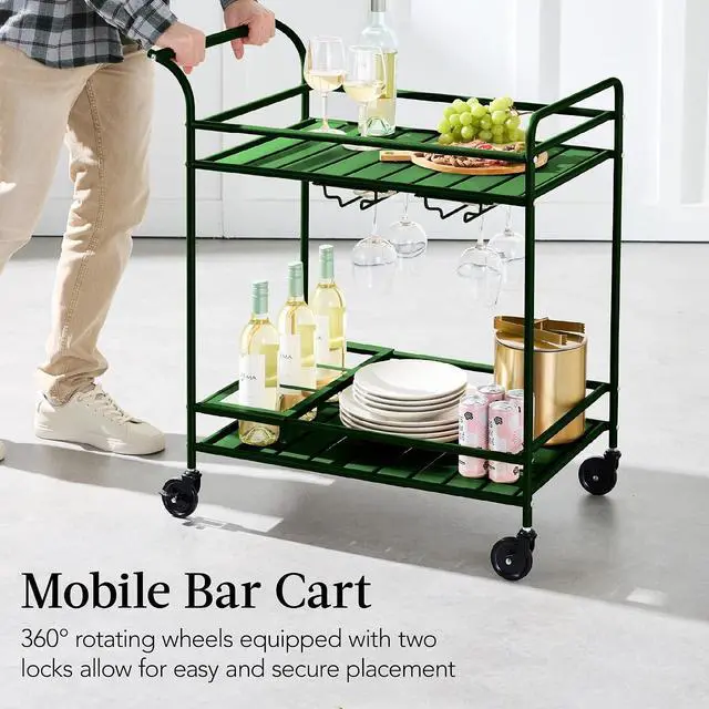 Alt view image 5 of 7 - Rolling Bar Cart, Mobile Home Bar Serving Cart, Serving Station w/ 2 Tier Shelves, Wine Rack, Lockable Wheels - Deep Green