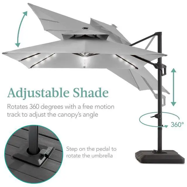 Alt view image 4 of 7 - 10x10ft Cantilever Patio Umbrella w/Base Included, Solar LED Lights 360 Rotation Large Offset Hanging Outdoor Shade for Deck Pool Backyard w/Stand Fog Gray