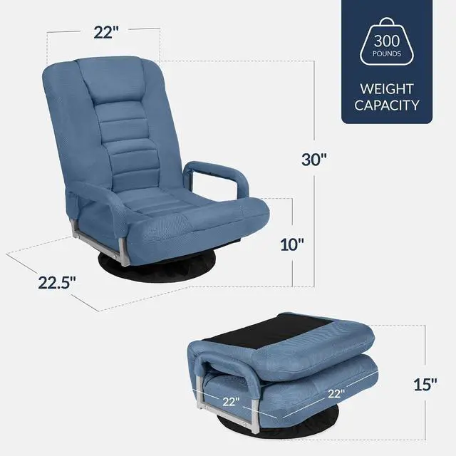 Alt view image 3 of 7 - Swivel Gaming Chair 360 Degree Multipurpose Floor Chair Rocker for TV, Reading, Playing Video Games w/Lumbar Support, Armrest Handles, Adjustable Foldable Backrest - Dusty Blue
