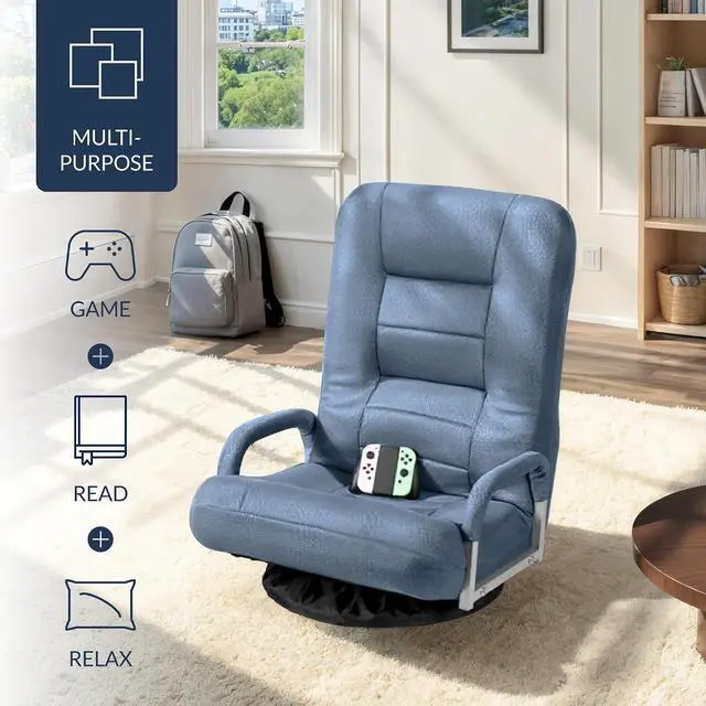 Alt view image 4 of 7 - Swivel Gaming Chair 360 Degree Multipurpose Floor Chair Rocker for TV, Reading, Playing Video Games w/Lumbar Support, Armrest Handles, Adjustable Foldable Backrest - Dusty Blue