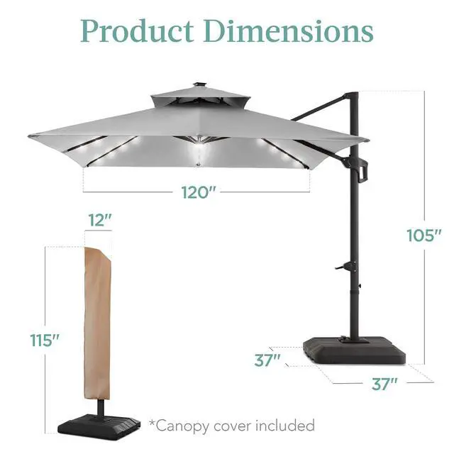 Alt view image 7 of 7 - 10x10ft Cantilever Patio Umbrella w/Base Included, Solar LED Lights 360 Rotation Large Offset Hanging Outdoor Shade for Deck Pool Backyard w/Stand Fog Gray
