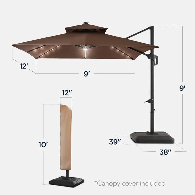Alt view image 2 of 7 - 9x12ft LED Cantilever Patio Umbrella w/Base Included & 360° Rotation, Large Solar Offset Hanging Outdoor Sun Shade for Deck, Backyard Table w/Stand & Lights Brown
