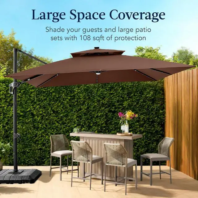 Alt view image 4 of 7 - 9x12ft LED Cantilever Patio Umbrella w/Base Included & 360° Rotation, Large Solar Offset Hanging Outdoor Sun Shade for Deck, Backyard Table w/Stand & Lights Brown