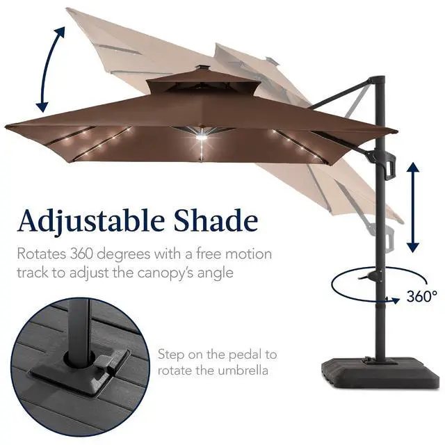 Alt view image 5 of 7 - 9x12ft LED Cantilever Patio Umbrella w/Base Included & 360° Rotation, Large Solar Offset Hanging Outdoor Sun Shade for Deck, Backyard Table w/Stand & Lights Brown