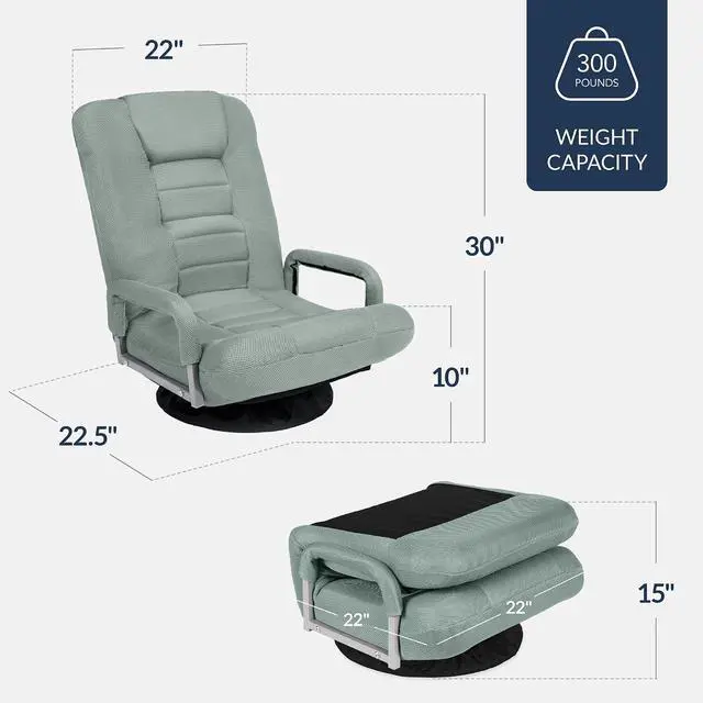 Alt view image 3 of 7 - Swivel Gaming Chair 360 Degree Multipurpose Floor Chair Rocker for TV, Reading, Playing Video Games w/Lumbar Support, Armrest Handles, Adjustable Foldable Backrest - Sage Green