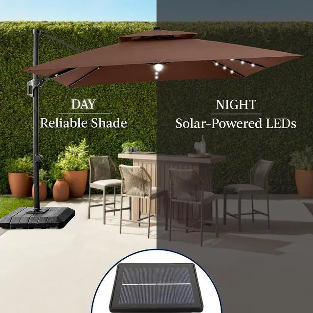 Alt view image 6 of 7 - 9x12ft LED Cantilever Patio Umbrella w/Base Included & 360° Rotation, Large Solar Offset Hanging Outdoor Sun Shade for Deck, Backyard Table w/Stand & Lights Brown