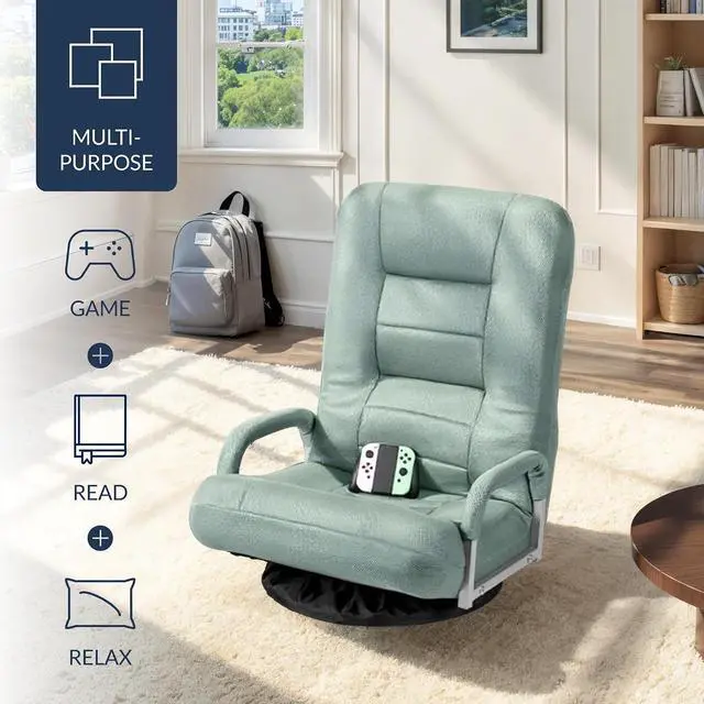 Alt view image 4 of 7 - Swivel Gaming Chair 360 Degree Multipurpose Floor Chair Rocker for TV, Reading, Playing Video Games w/Lumbar Support, Armrest Handles, Adjustable Foldable Backrest - Sage Green