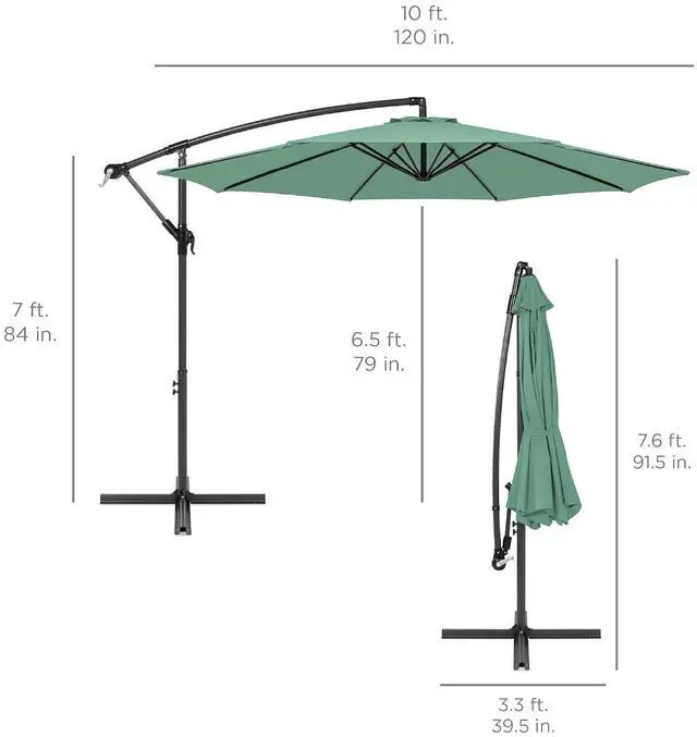 Alt view image 7 of 7 - 10ft Offset Cantilever Hanging Market Patio Umbrella, 8 Sturdy Ribs, Easy Adjustment - Seaglass
