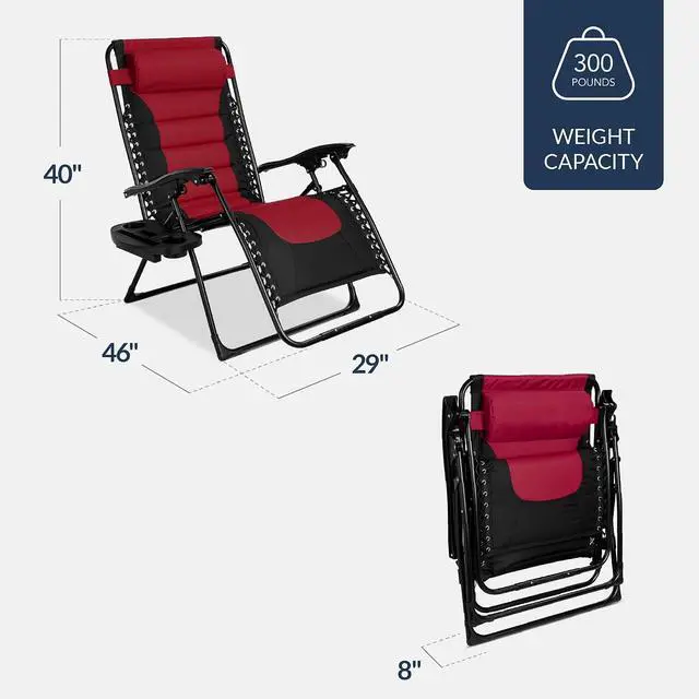 Alt view image 3 of 7 - Oversized Padded Zero Gravity Chair, Folding Outdoor Patio Recliner, XL Anti Gravity Lounger for Backyard w/Headrest, Cup Holder, Side Tray, Polyester Mesh - Burgundy