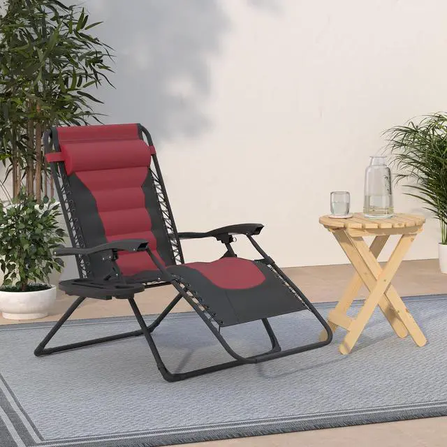Alt view image 2 of 7 - Oversized Padded Zero Gravity Chair, Folding Outdoor Patio Recliner, XL Anti Gravity Lounger for Backyard w/Headrest, Cup Holder, Side Tray, Polyester Mesh - Burgundy