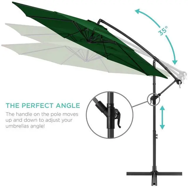 Alt view image 4 of 7 - 10ft Offset Cantilever Hanging Market Patio Umbrella, 8 Sturdy Ribs, Easy Adjustment - Green