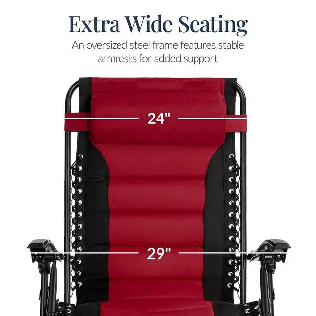 Alt view image 4 of 7 - Oversized Padded Zero Gravity Chair, Folding Outdoor Patio Recliner, XL Anti Gravity Lounger for Backyard w/Headrest, Cup Holder, Side Tray, Polyester Mesh - Burgundy