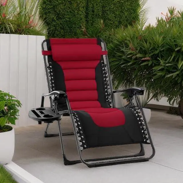 Alt view image 5 of 7 - Oversized Padded Zero Gravity Chair, Folding Outdoor Patio Recliner, XL Anti Gravity Lounger for Backyard w/Headrest, Cup Holder, Side Tray, Polyester Mesh - Burgundy
