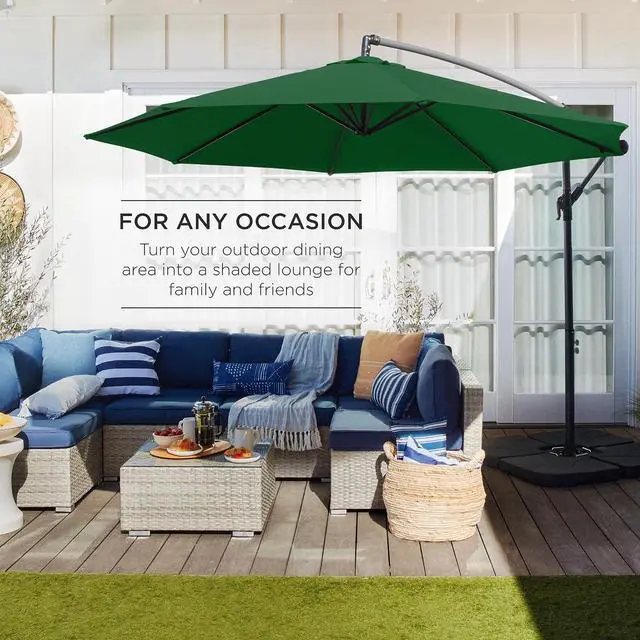 Alt view image 3 of 7 - 10ft Offset Cantilever Hanging Market Patio Umbrella, 8 Sturdy Ribs, Easy Adjustment - Green