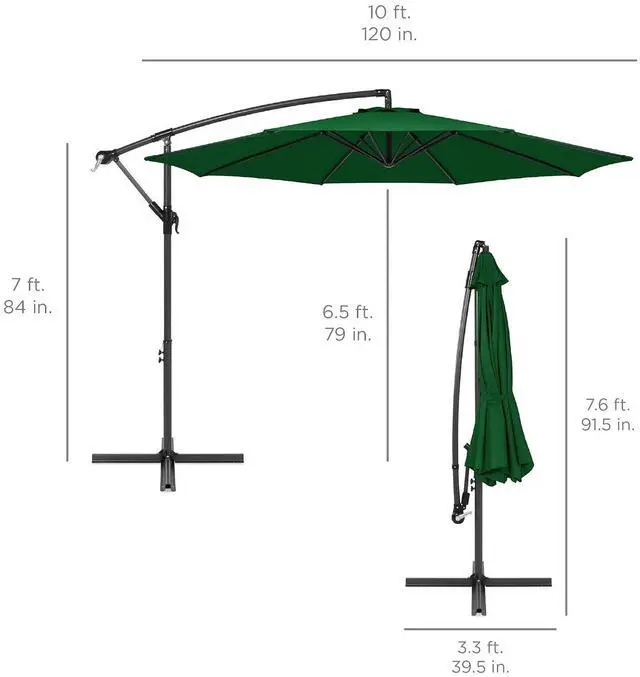 Alt view image 7 of 7 - 10ft Offset Cantilever Hanging Market Patio Umbrella, 8 Sturdy Ribs, Easy Adjustment - Green