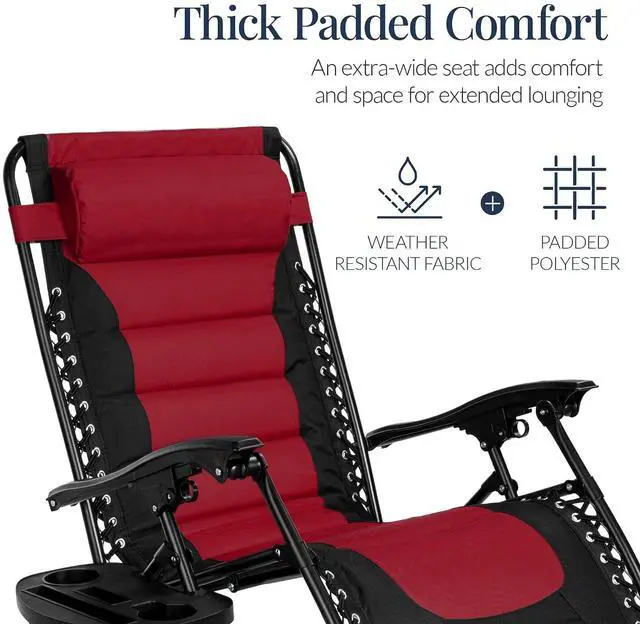 Alt view image 6 of 7 - Oversized Padded Zero Gravity Chair, Folding Outdoor Patio Recliner, XL Anti Gravity Lounger for Backyard w/Headrest, Cup Holder, Side Tray, Polyester Mesh - Burgundy