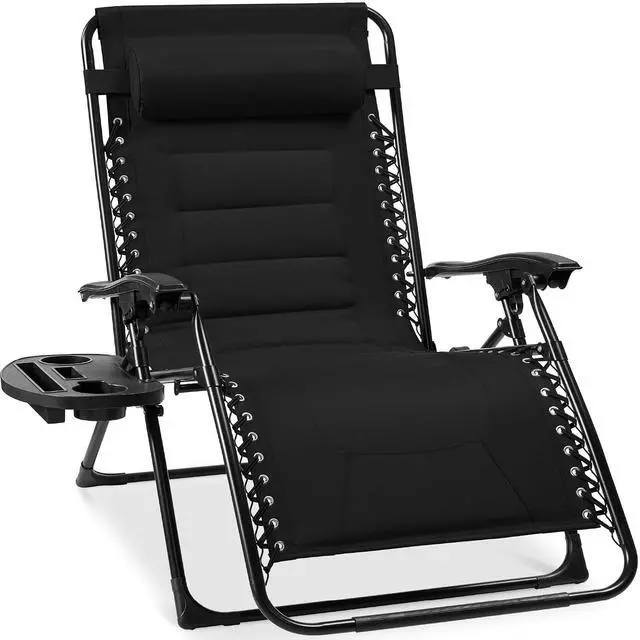 Main image of Oversized Padded Zero Gravity Chair, Folding Outdoor Patio Recliner, XL Anti Gravity Lounger for Backyard w/Headrest, Cup Holder, Side Tray, Polyester Mesh - Black
