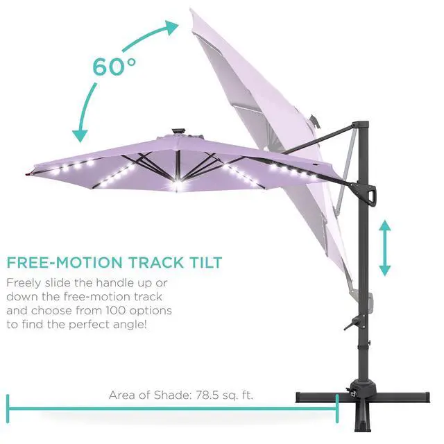 Alt view image 5 of 7 - 10ft Solar LED Cantilever Patio Umbrella, 360-Degree Rotation Hanging Offset Market Outdoor Sun Shade for Backyard, Deck, Poolside w/Lights, Easy Tilt, Cross Base - Lavender