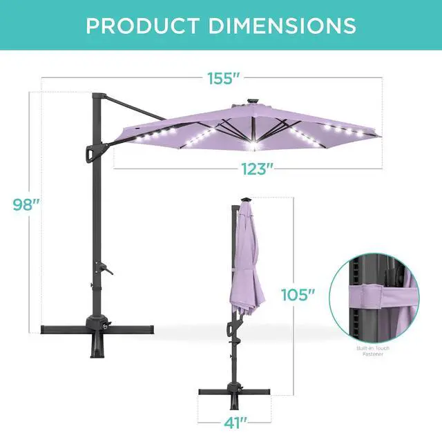 Alt view image 7 of 7 - 10ft Solar LED Cantilever Patio Umbrella, 360-Degree Rotation Hanging Offset Market Outdoor Sun Shade for Backyard, Deck, Poolside w/Lights, Easy Tilt, Cross Base - Lavender