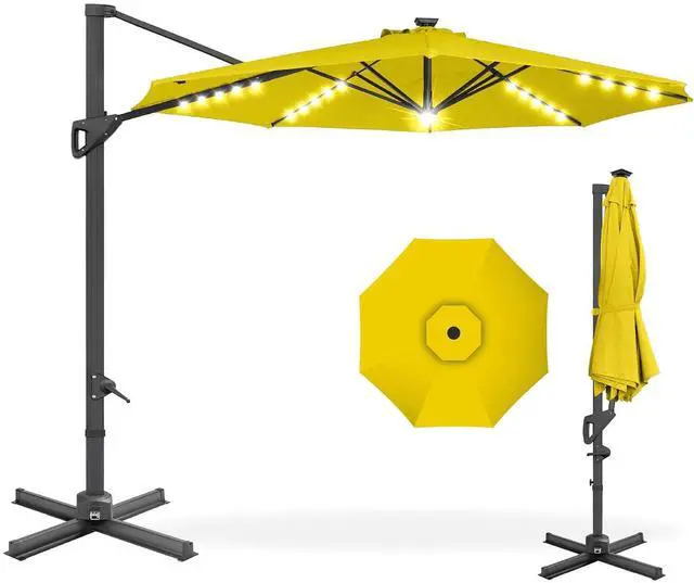 Main image of 10ft Solar LED Cantilever Patio Umbrella, 360-Degree Rotation Hanging Offset Market Outdoor Sun Shade for Backyard, Deck, Poolside w/Lights, Easy Tilt, Cross Base - Yellow