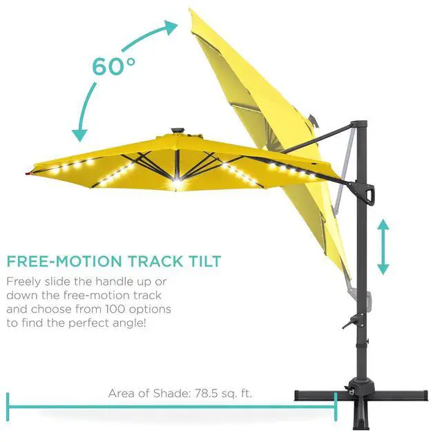 Alt view image 5 of 7 - 10ft Solar LED Cantilever Patio Umbrella, 360-Degree Rotation Hanging Offset Market Outdoor Sun Shade for Backyard, Deck, Poolside w/Lights, Easy Tilt, Cross Base - Yellow