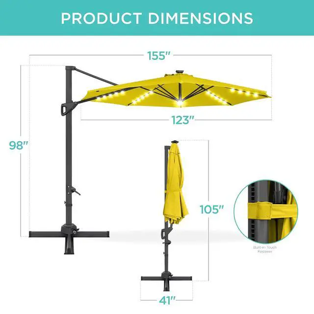 Alt view image 7 of 7 - 10ft Solar LED Cantilever Patio Umbrella, 360-Degree Rotation Hanging Offset Market Outdoor Sun Shade for Backyard, Deck, Poolside w/Lights, Easy Tilt, Cross Base - Yellow