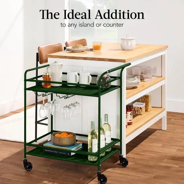Alt view image 6 of 7 - Rolling Bar Cart, Mobile Home Bar Serving Cart, Serving Station w/ 2 Tier Shelves, Wine Rack, Lockable Wheels - Deep Green