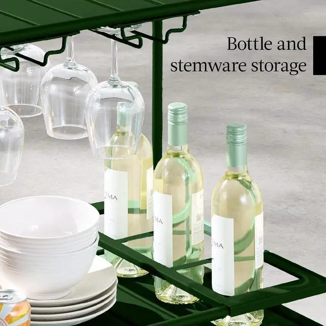 Alt view image 7 of 7 - Rolling Bar Cart, Mobile Home Bar Serving Cart, Serving Station w/ 2 Tier Shelves, Wine Rack, Lockable Wheels - Deep Green