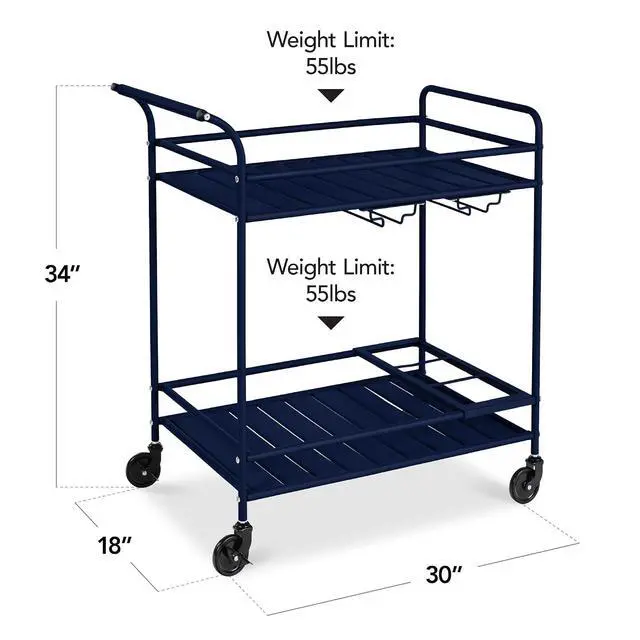 Alt view image 2 of 7 - Rolling Bar Cart, Mobile Home Bar Serving Cart, Serving Station w/ 2 Tier Shelves, Wine Rack, Lockable Wheels - Navy