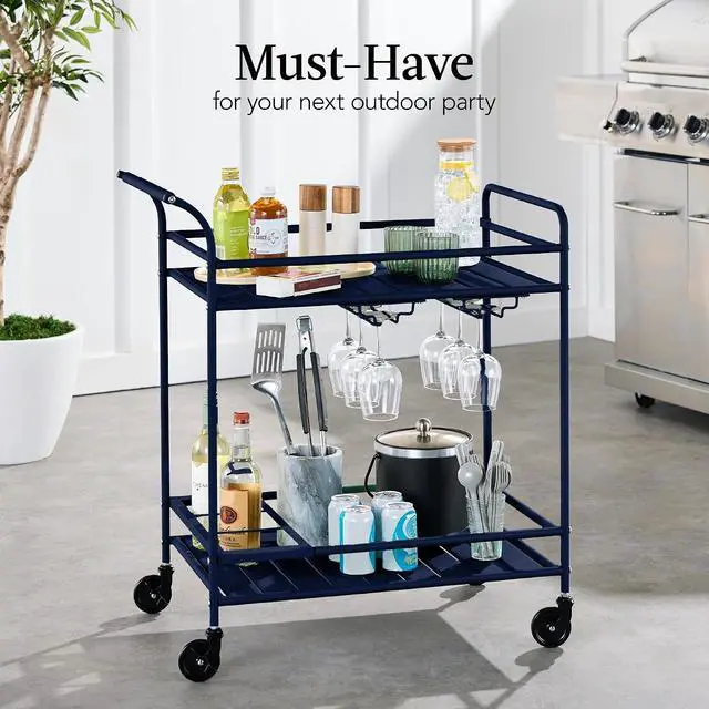 Alt view image 3 of 7 - Rolling Bar Cart, Mobile Home Bar Serving Cart, Serving Station w/ 2 Tier Shelves, Wine Rack, Lockable Wheels - Navy
