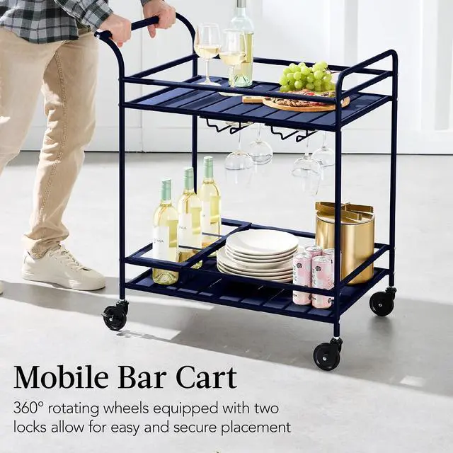 Alt view image 5 of 7 - Rolling Bar Cart, Mobile Home Bar Serving Cart, Serving Station w/ 2 Tier Shelves, Wine Rack, Lockable Wheels - Navy