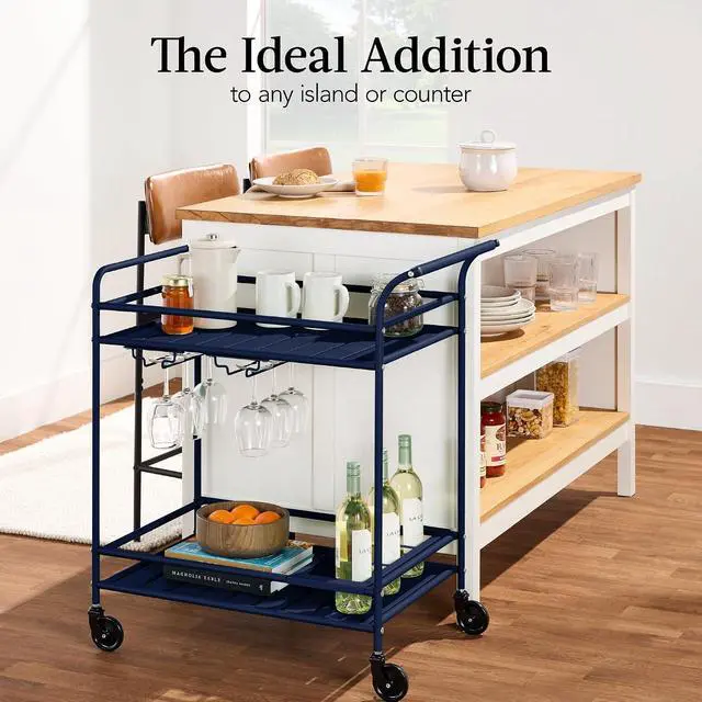 Alt view image 6 of 7 - Rolling Bar Cart, Mobile Home Bar Serving Cart, Serving Station w/ 2 Tier Shelves, Wine Rack, Lockable Wheels - Navy