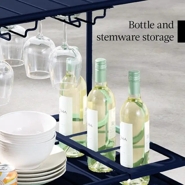 Alt view image 7 of 7 - Rolling Bar Cart, Mobile Home Bar Serving Cart, Serving Station w/ 2 Tier Shelves, Wine Rack, Lockable Wheels - Navy