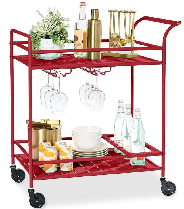 Main image of Rolling Bar Cart, Mobile Home Bar Serving Cart, Serving Station w/ 2 Tier Shelves, Wine Rack, Lockable Wheels - Red