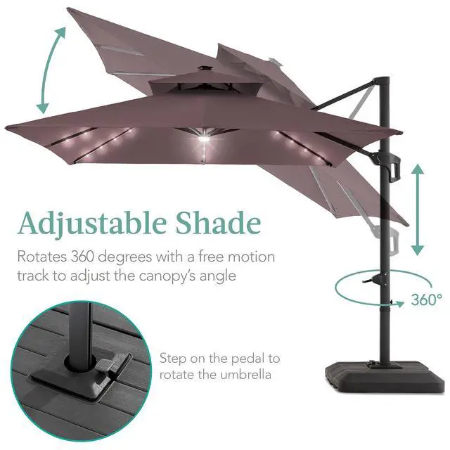 Alt view image 4 of 7 - 10x10ft Cantilever Patio Umbrella w/Base Included, Solar LED Lights 360 Rotation Large Offset Hanging Outdoor Shade for Deck Pool Backyard w/Stand Deep Taupe