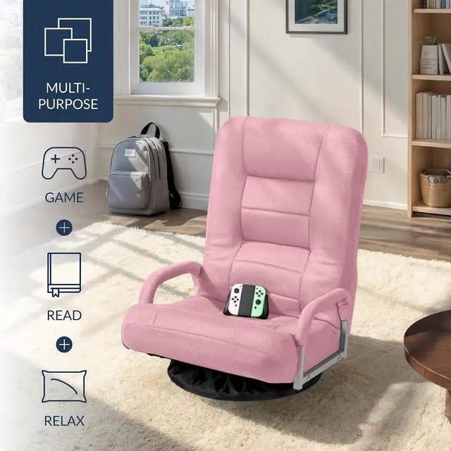 Alt view image 4 of 7 - Swivel Gaming Chair 360 Degree Multipurpose Floor Chair Rocker for TV, Reading, Playing Video Games w/Lumbar Support, Armrest Handles, Adjustable Foldable Backrest - Pink