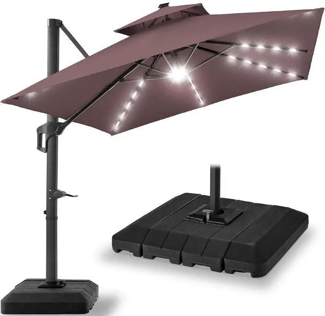 Main image of 9x12ft LED Cantilever Patio Umbrella w/Base Included & 360° Rotation, Large Solar Offset Hanging Outdoor Sun Shade for Deck, Backyard Table w/Stand & Lights Deep Taupe