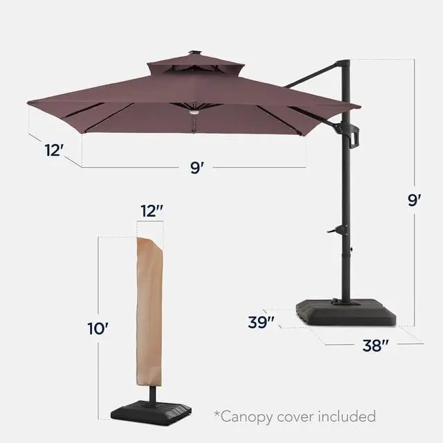Alt view image 2 of 7 - 9x12ft LED Cantilever Patio Umbrella w/Base Included & 360° Rotation, Large Solar Offset Hanging Outdoor Sun Shade for Deck, Backyard Table w/Stand & Lights Deep Taupe