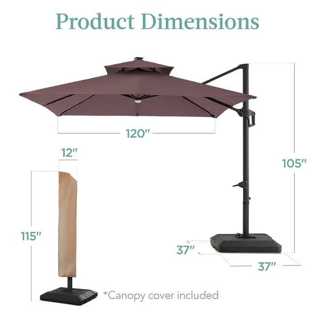 Alt view image 7 of 7 - 10x10ft Cantilever Patio Umbrella w/Base Included, Solar LED Lights 360 Rotation Large Offset Hanging Outdoor Shade for Deck Pool Backyard w/Stand Deep Taupe