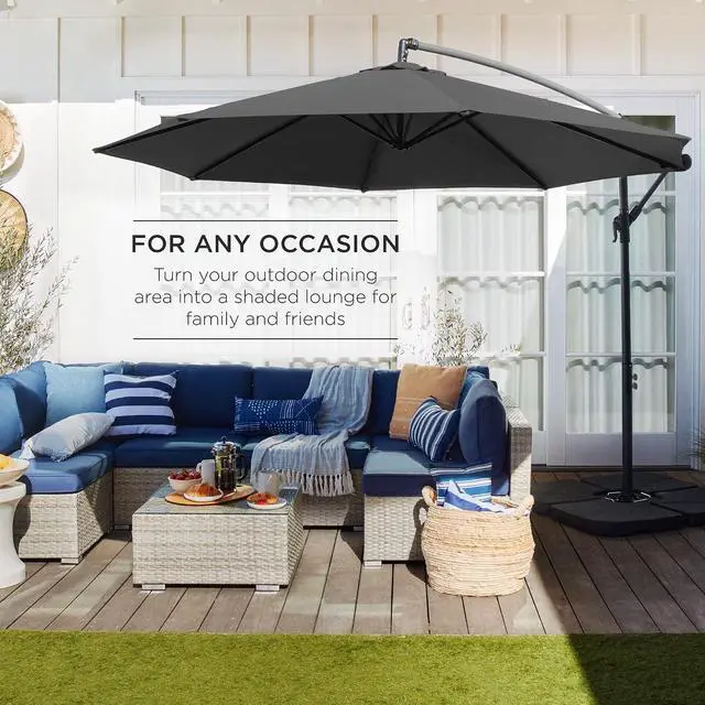 Alt view image 3 of 7 - 10ft Offset Hanging Market Patio Umbrella w/Easy Tilt Adjustment, Polyester Shade, 8 Ribs for Backyard, Poolside, Lawn and Garden - Gray
