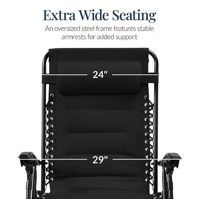 Alt view image 3 of 7 - Oversized Padded Zero Gravity Chair, Folding Outdoor Patio Recliner, XL Anti Gravity Lounger for Backyard w/Headrest, Cup Holder, Side Tray, Polyester Mesh - Black