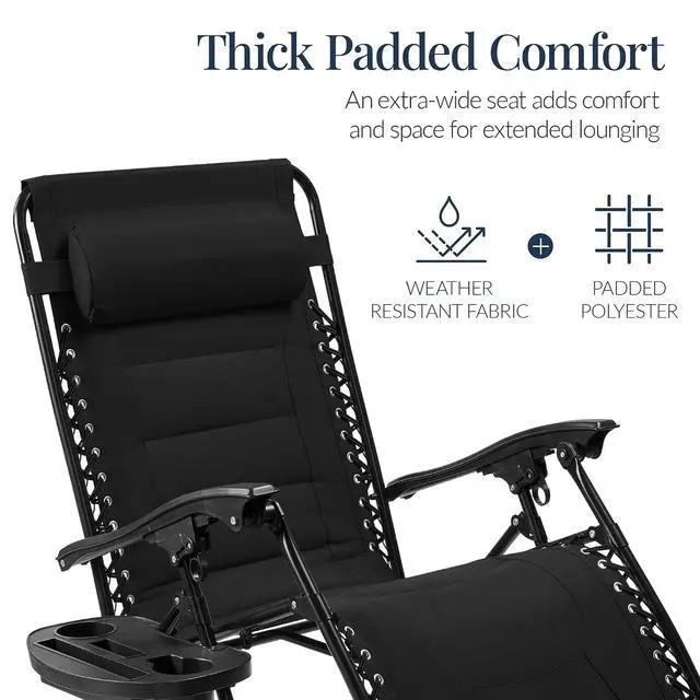 Alt view image 4 of 7 - Oversized Padded Zero Gravity Chair, Folding Outdoor Patio Recliner, XL Anti Gravity Lounger for Backyard w/Headrest, Cup Holder, Side Tray, Polyester Mesh - Black